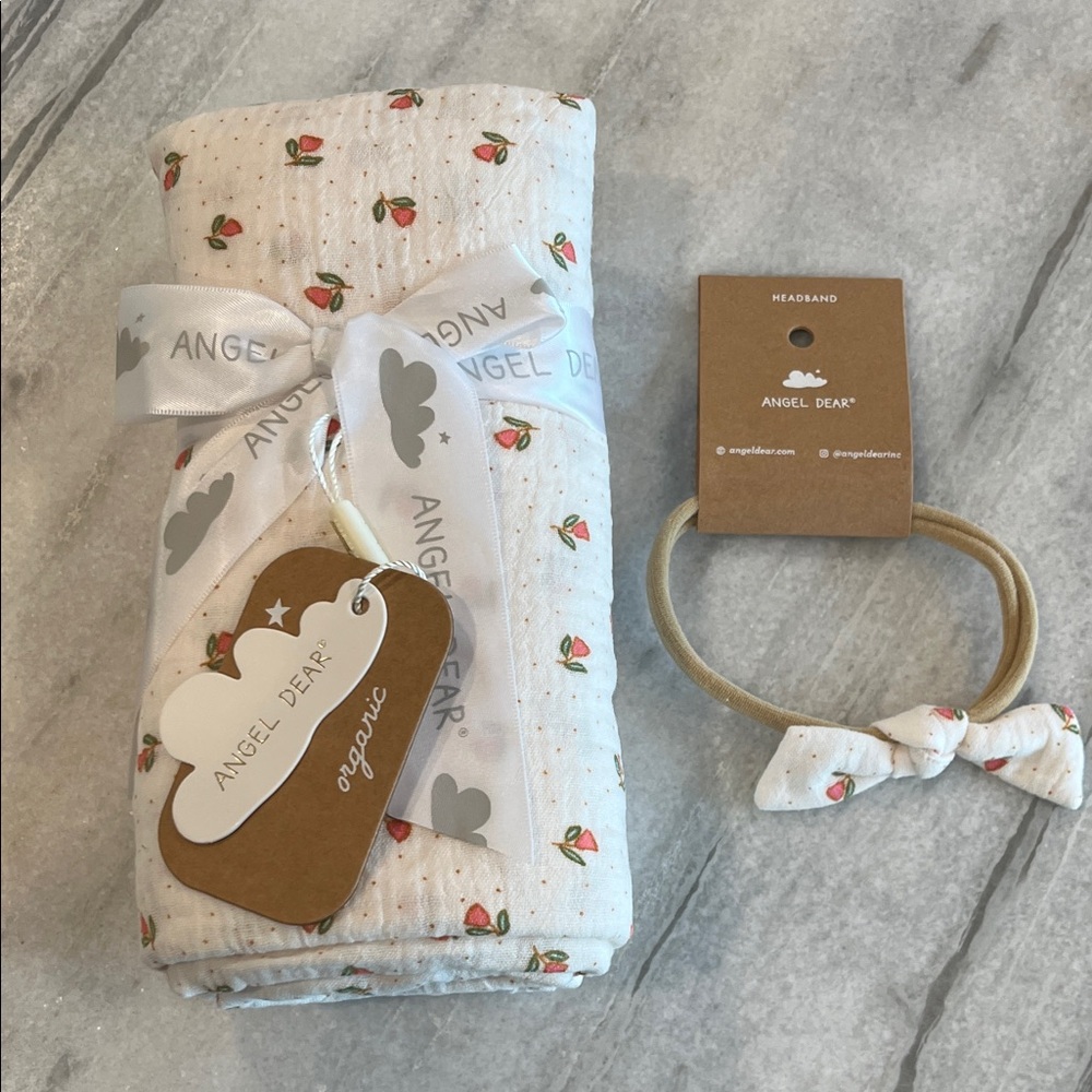 Angel Dear Petite Pointe Fleur Print Swaddle and Headband NWT
